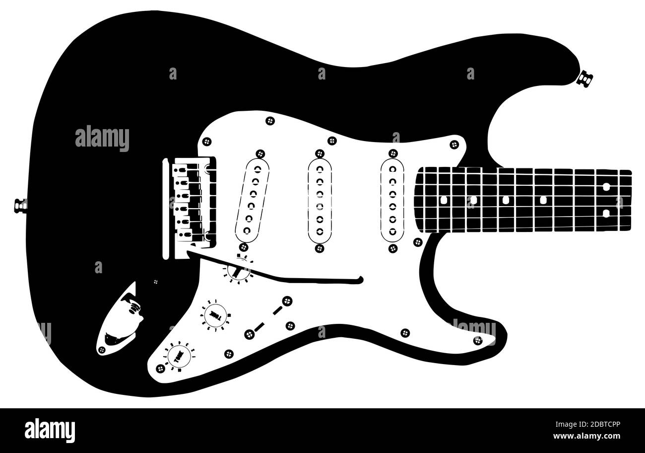 Zeichnung einer modernen Rock-Gitarre auf einem weißen Hintergrund isoliert. Stockfoto