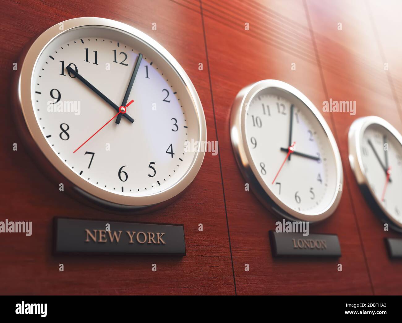 Weltzeituhr. Uhren an der Wand, die die Zeit rund um die Welt zeigen  Stockfotografie - Alamy