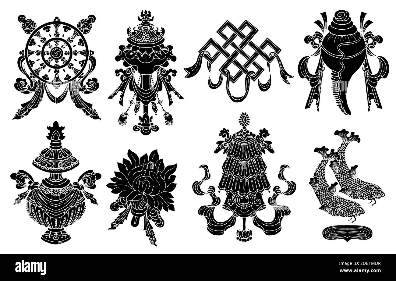 Design-Set mit acht schwarzen Silhouetten von glückverheißenden Symbolen des Buddhismus isoliert auf weiß. Religiöse handgezeichnete Vektor-Illustration, buddhistische Backgr Stock Vektor