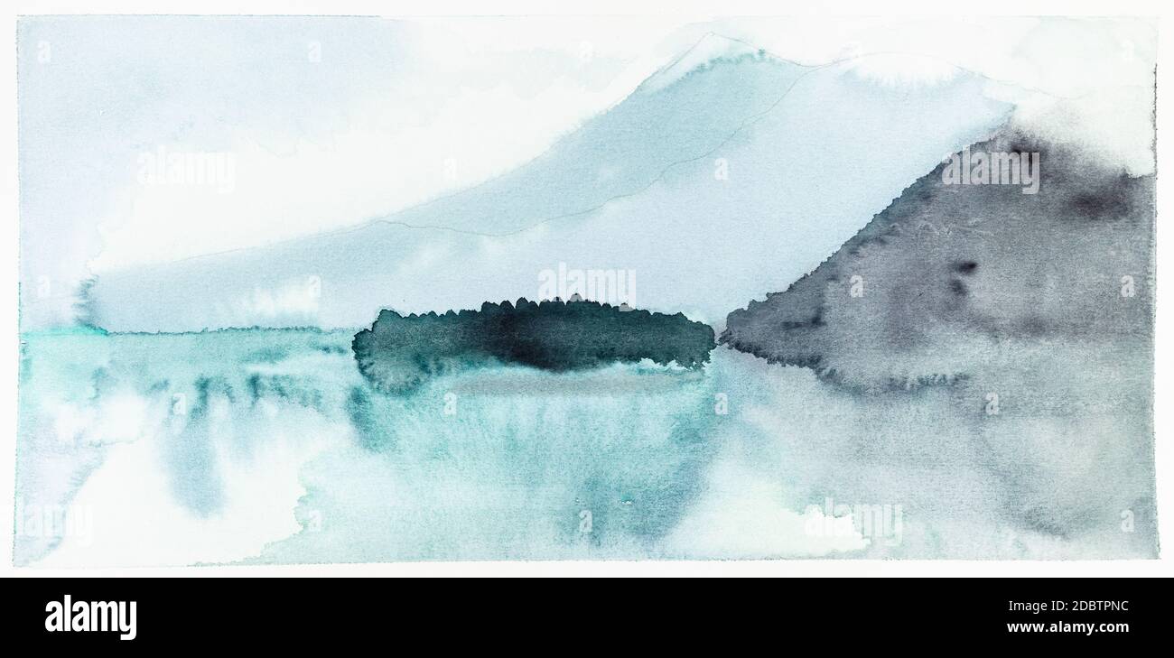 Panoramablick auf den Schliersee in den bayerischen Alpen im Sommer morgens von Hand bemalt mit Aquarellfarben auf weißem Strukturpapier Stockfoto