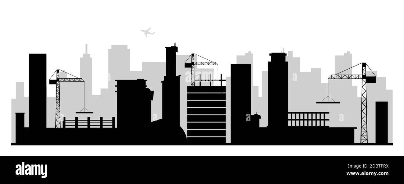 Baustelle schwarz Silhouette Vektor Illustration. Moderne sich entwickelnde Stadt monochrome Landschaft. Städtische Umwelt 2d Cartoon Form mit Skyscrape Stockfoto