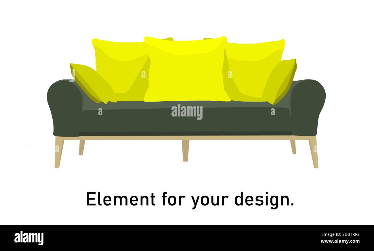 Modernes Sofa im Stil des Minimalismus. Sofa mit hohen Beinen. Grüne Polsterung. Inneneinrichtung isoliert auf weißem Hintergrund. Vektorgrafik. Stockfoto