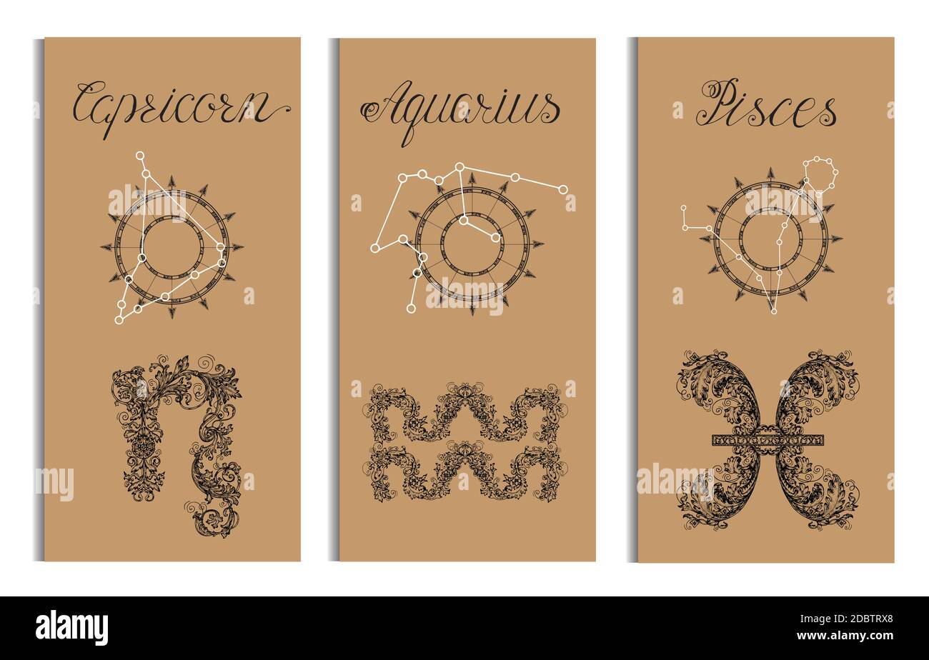 Plakat mit Steinbock, Wassermann, Fische Sternzeichen und Sternbild. Sammlung astrologischer Symbole im viktorianischen und barocken Stil. Design-Set w Stock Vektor