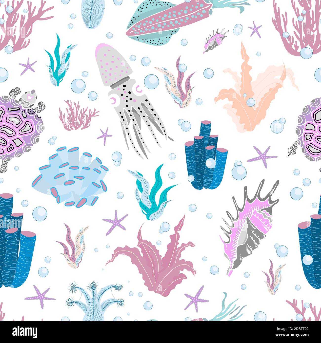 HELLE SOMMER MARINE MUSTER. Fisch und Unterwasser Bewohner von MUSTER. Blau, rosa. Trendfarben. Nahtlose Vektorgrafik. Tintenfisch, Tintenfisch, shel Stockfoto