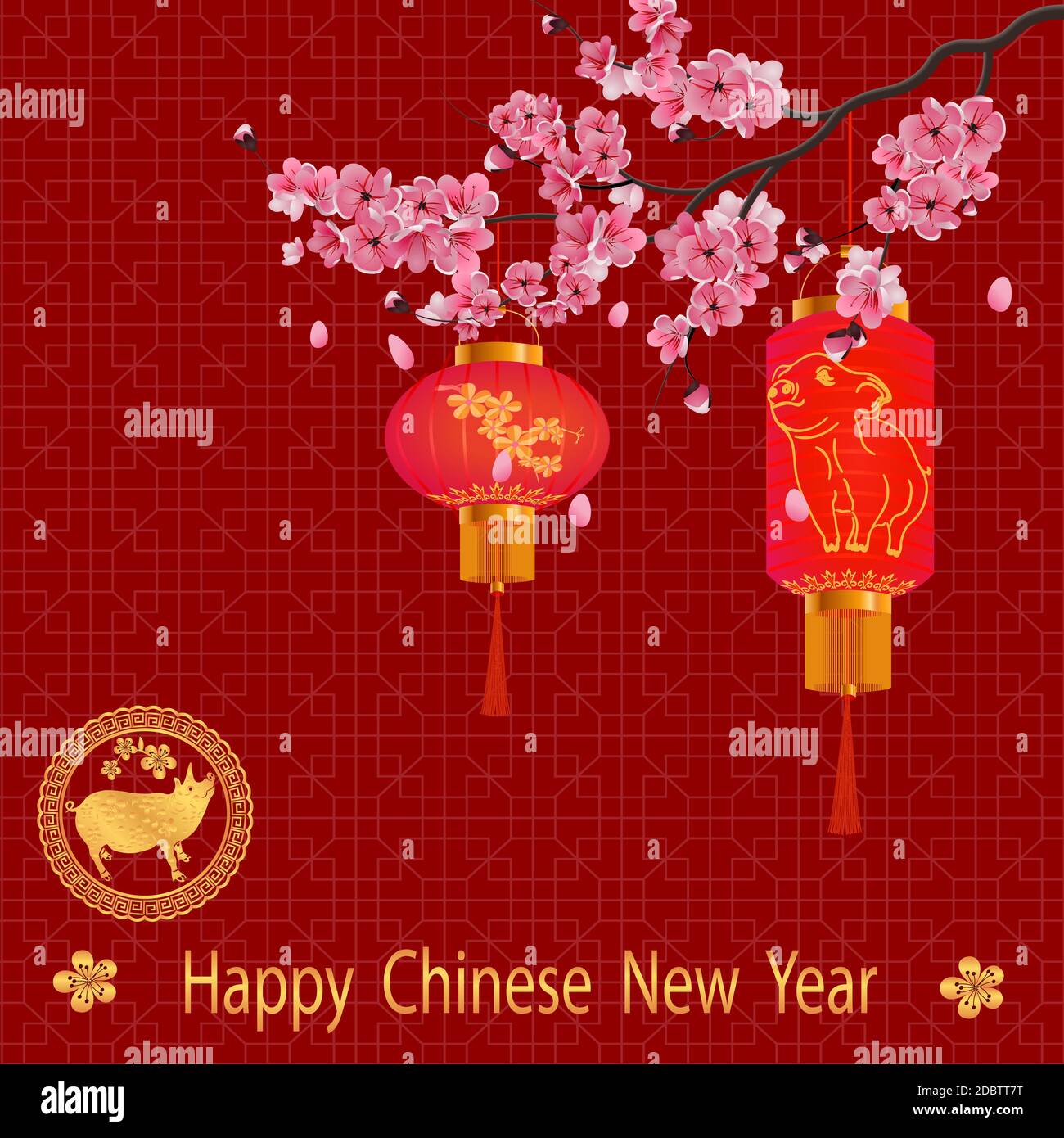 Das chinesische Neujahr. Zwei rote Lichter auf einen Kirschfarbenen Zweig mit lila Blüten, Sakura. Briefmarke mit dem Bild von einem Schwein. Vector Illustration Stockfoto