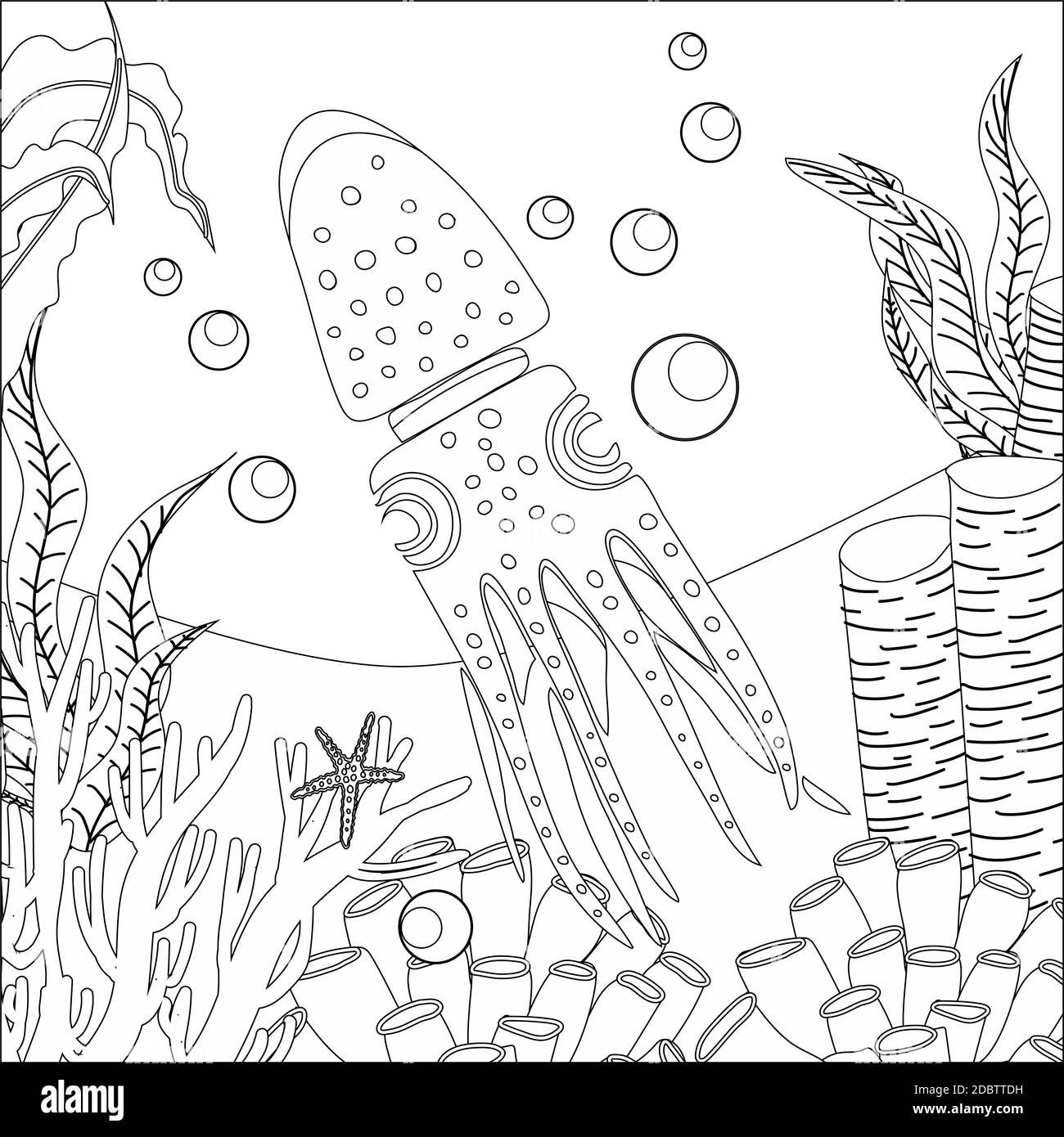 Malbuch mit dem Bild eines Kraken, Krake in zentangle Stil. Freihändige Skizzenzeichnung mit Antistress. Bild für Erwachsene.Shrimp Stockfoto