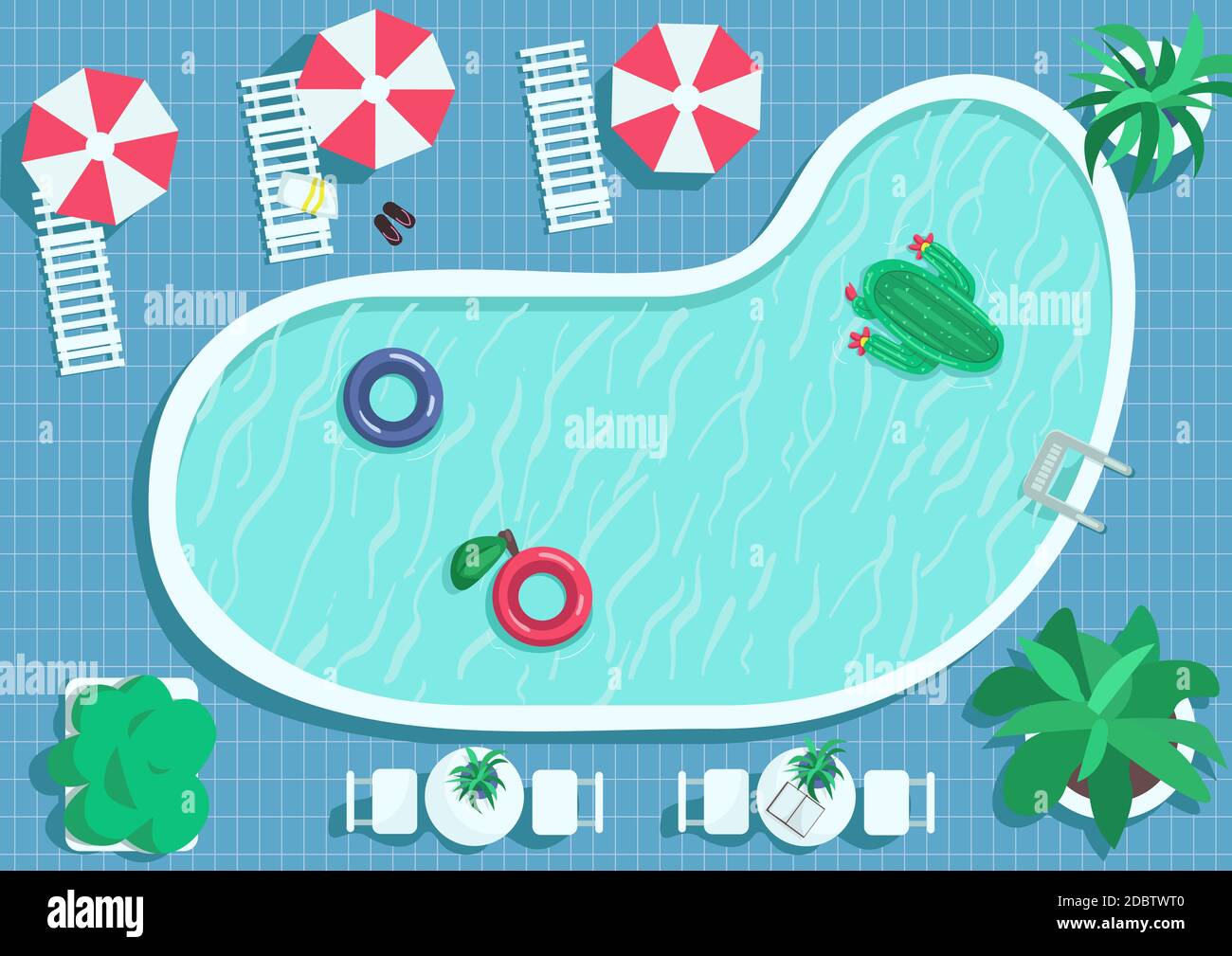 Draufsicht Runde Pool flache Farbe Vektor Illustration. Fliesenboden um den  Wasserfleck. Aufblasbarer Kaktus zum Schwimmen. Pool 2D Cartoon Landschaft  mit l Stockfotografie - Alamy