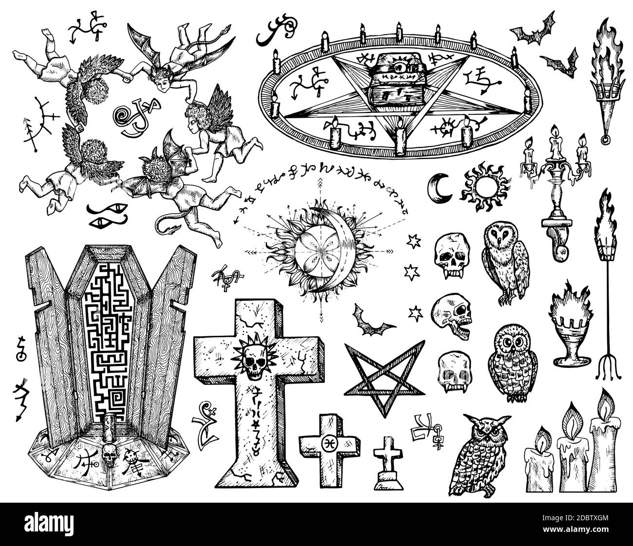 Vektor gravierte Illustration im gotischen und mystischen Stil. Keine Fremdsprache, alle Zeichen sind Fantasie. Stock Vektor