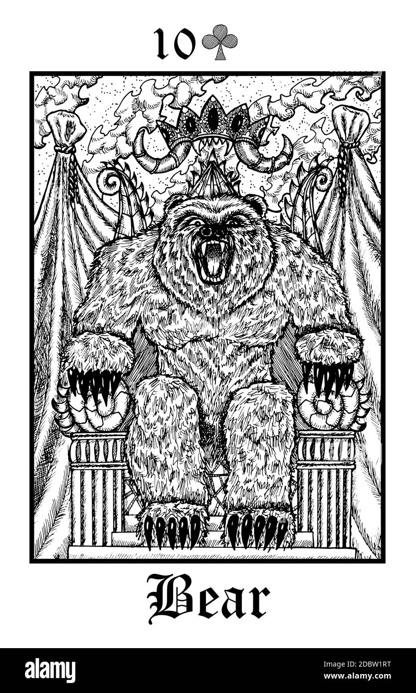 Bär. Tarot-Karte aus dem Vektor Lenormand Gothic Mysteries oracle Deck. Schwarz-weiß gravierte Illustration. Fantasie und mystische Linienkunst Zeichnung. Gothi Stock Vektor