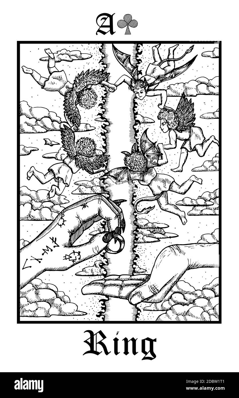 Klingeln. Tarot-Karte aus dem Vektor Lenormand Gothic Mysteries oracle Deck. Schwarz-weiß gravierte Illustration. Fantasie und mystische Linienkunst Zeichnung. Gothi Stock Vektor