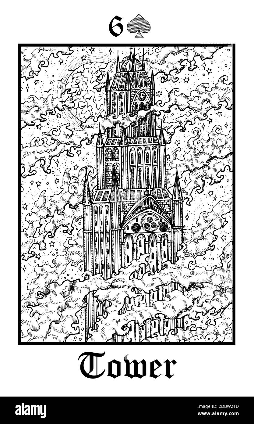Turm. Tarot-Karte aus dem Vektor Lenormand Gothic Mysteries oracle Deck. Schwarz-weiß gravierte Illustration. Fantasie und mystische Linienkunst Zeichnung. Goth Stock Vektor