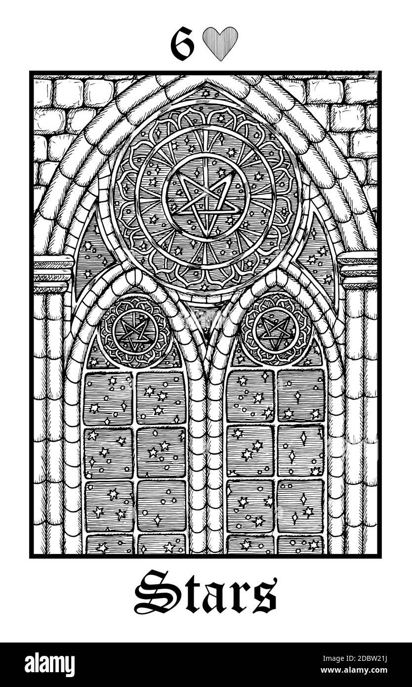 Sterne. Tarot-Karte aus dem Vektor Lenormand Gothic Mysteries oracle Deck. Schwarz-weiß gravierte Illustration. Fantasie und mystische Linienkunst Zeichnung. Goth Stock Vektor