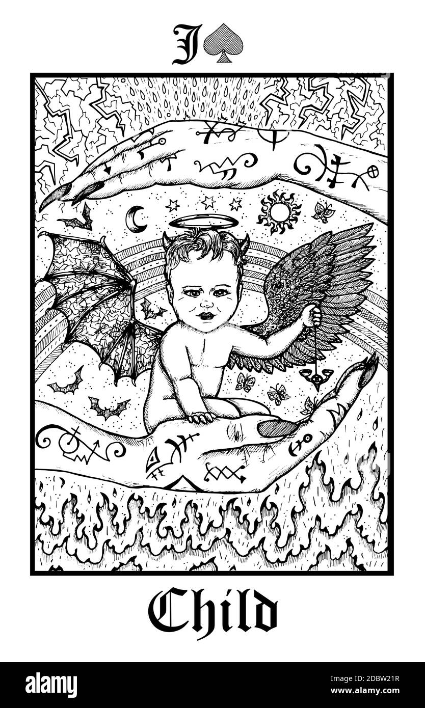 Kind. Tarot-Karte aus dem Vektor Lenormand Gothic Mysteries oracle Deck. Schwarz-weiß gravierte Illustration. Fantasie und mystische Linienkunst Zeichnung. Goth Stock Vektor