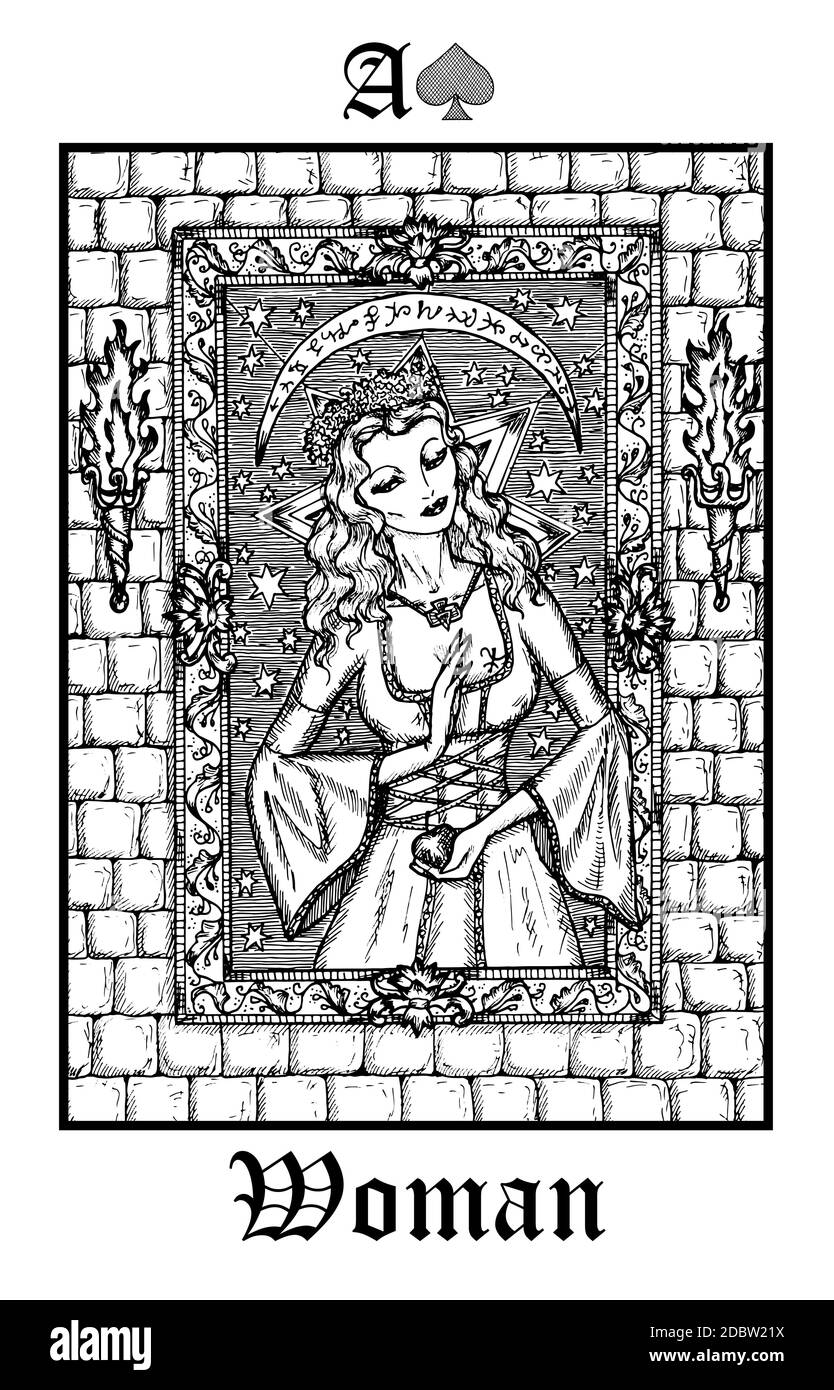 Frau oder Prinzessin. Tarot-Karte aus dem Vektor Lenormand Gothic Mysteries oracle Deck. Schwarz-weiß gravierte Illustration. Fantasie und mystische Linie Kunst d Stock Vektor