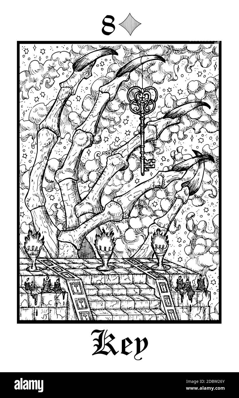 Schlüsselsymbol. Tarot-Karte aus dem Vektor Lenormand Gothic Mysteries oracle Deck. Schwarz-weiß gravierte Illustration. Fantasie und mystische Linienkunst Zeichnung. Stock Vektor