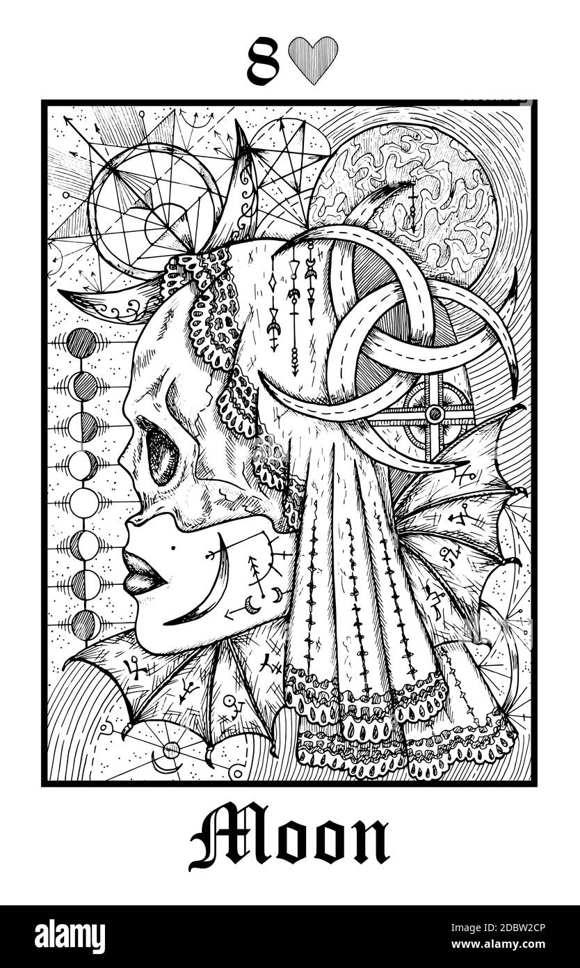 Mondsymbol. Tarot-Karte aus dem Vektor Lenormand Gothic Mysteries oracle Deck. Schwarz-weiß gravierte Illustration. Fantasie und mystische Linienkunst Zeichnung Stock Vektor