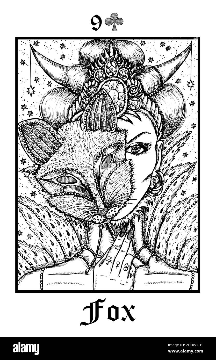 Fuchs. Tarot-Karte aus dem Vektor Lenormand Gothic Mysteries oracle Deck. Schwarz-weiß gravierte Illustration. Fantasie und mystische Linienkunst Zeichnung. Gothic Stock Vektor