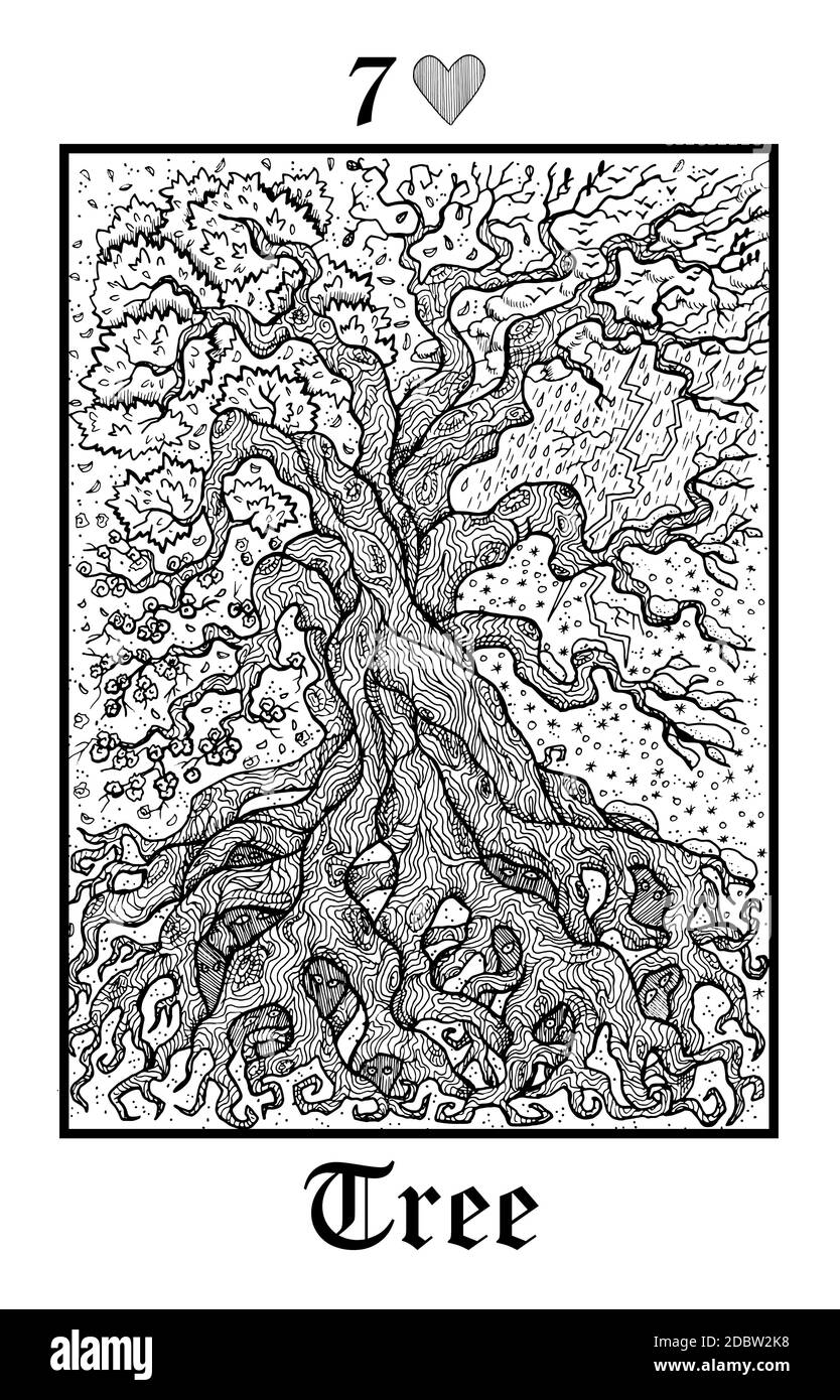 Baum und Jahreszeiten. Tarot-Karte aus dem Vektor Lenormand Gothic Mysteries oracle Deck. Schwarz-weiß gravierte Illustration. Fantasie und mystische Linienkunst dr Stock Vektor