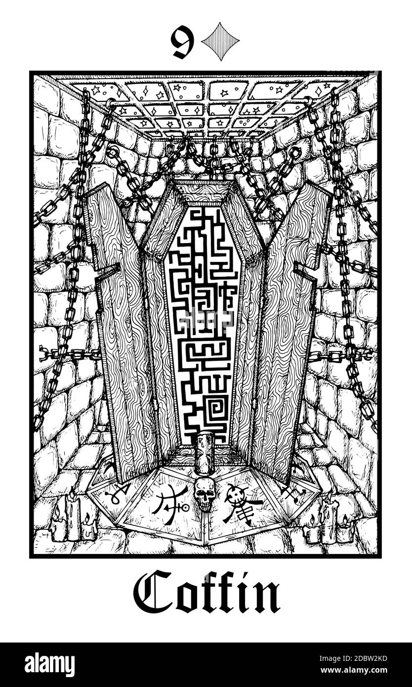 Sarg. Tarot-Karte aus dem Vektor Lenormand Gothic Mysteries oracle Deck. Schwarz-weiß gravierte Illustration. Fantasie und mystische Linienkunst Zeichnung. Habe Stock Vektor