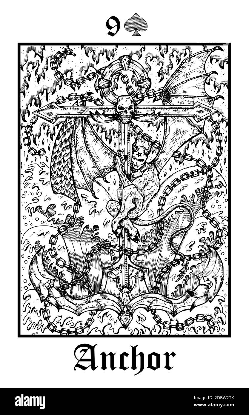 Ankersymbol. Tarot-Karte aus dem Vektor Lenormand Gothic Mysteries oracle Deck. Schwarz-weiß gravierte Illustration. Fantasie und mystische Linie Kunst drawi Stock Vektor