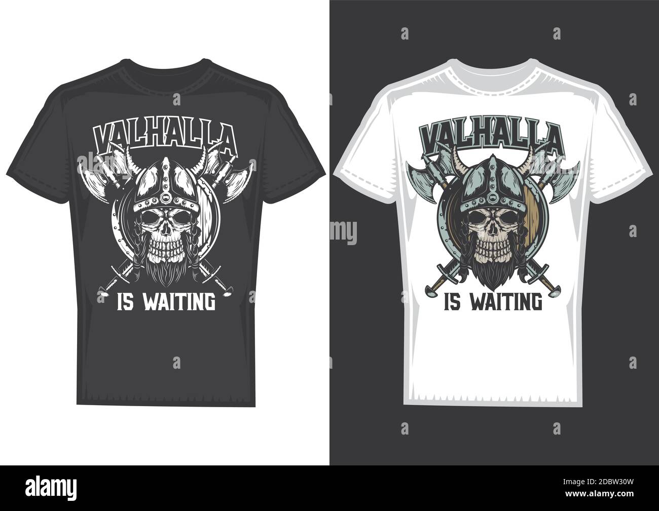 T-Shirt Designmuster mit Abbildung eines wikingerschädels mit Helm und Äxten. Stock Vektor