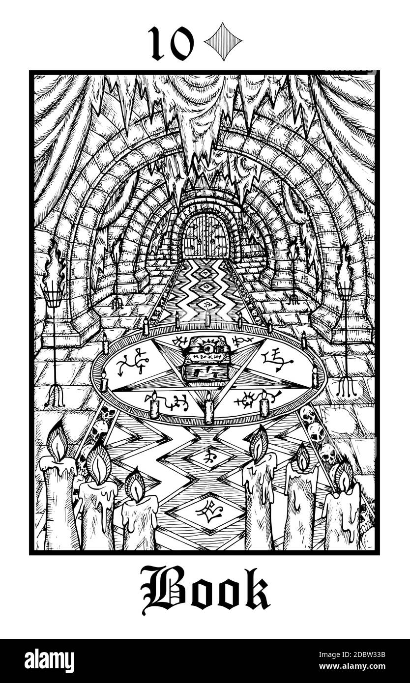 Buchen. Tarot-Karte aus dem Vektor Lenormand Gothic Mysteries oracle Deck. Schwarz-weiß gravierte Illustration. Fantasie und mystische Linienkunst Zeichnung. Gothi Stock Vektor
