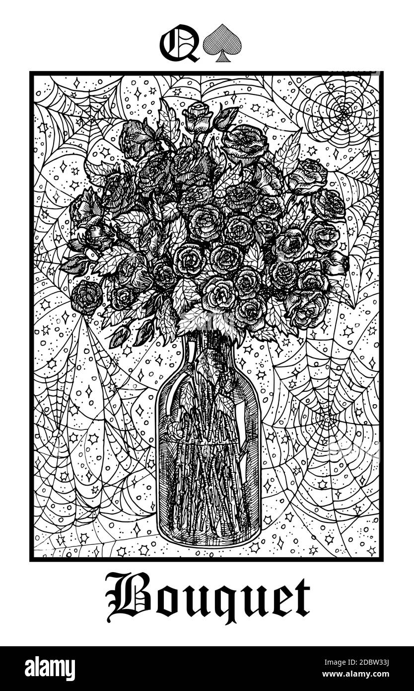 Bouquet. Tarot-Karte aus dem Vektor Lenormand Gothic Mysteries oracle Deck. Schwarz-weiß gravierte Illustration. Fantasie und mystische Linienkunst Zeichnung. Los Stock Vektor