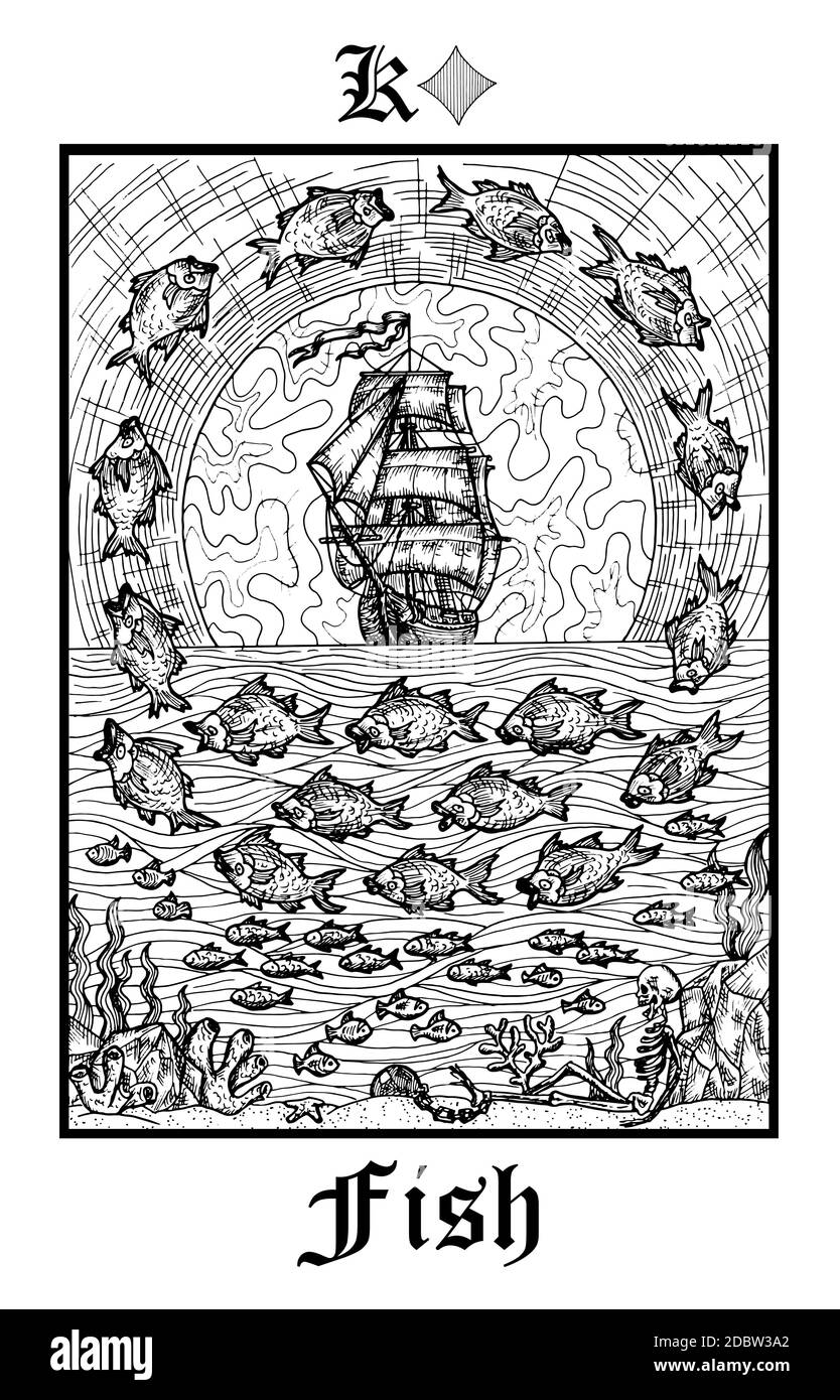 Fisch- oder Schiffssymbol. Tarot-Karte aus dem Vektor Lenormand Gothic Mysteries oracle Deck. Schwarz-weiß gravierte Illustration. Fantasie und mystische Linienkunst Stock Vektor