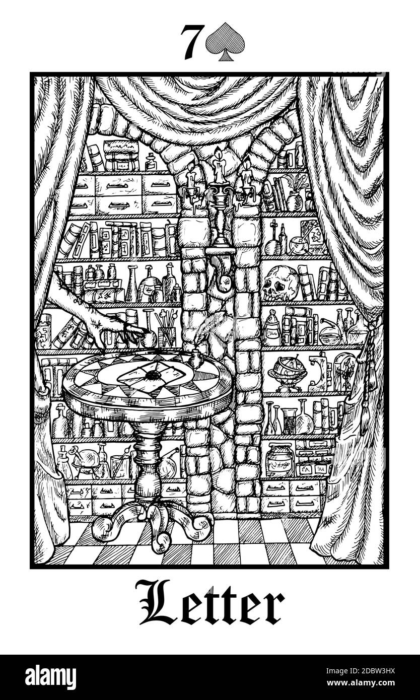 Brief. Tarot-Karte aus dem Vektor Lenormand Gothic Mysteries oracle Deck. Schwarz-weiß gravierte Illustration. Fantasie und mystische Linienkunst Zeichnung. Habe Stock Vektor