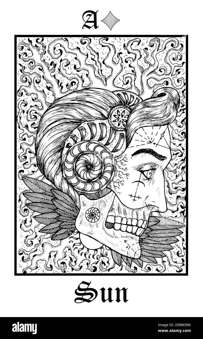 Sonnensymbol. Tarot-Karte aus dem Vektor Lenormand Gothic Mysteries oracle Deck. Schwarz-weiß gravierte Illustration. Fantasie und mystische Linienkunst Zeichnung. Stock Vektor