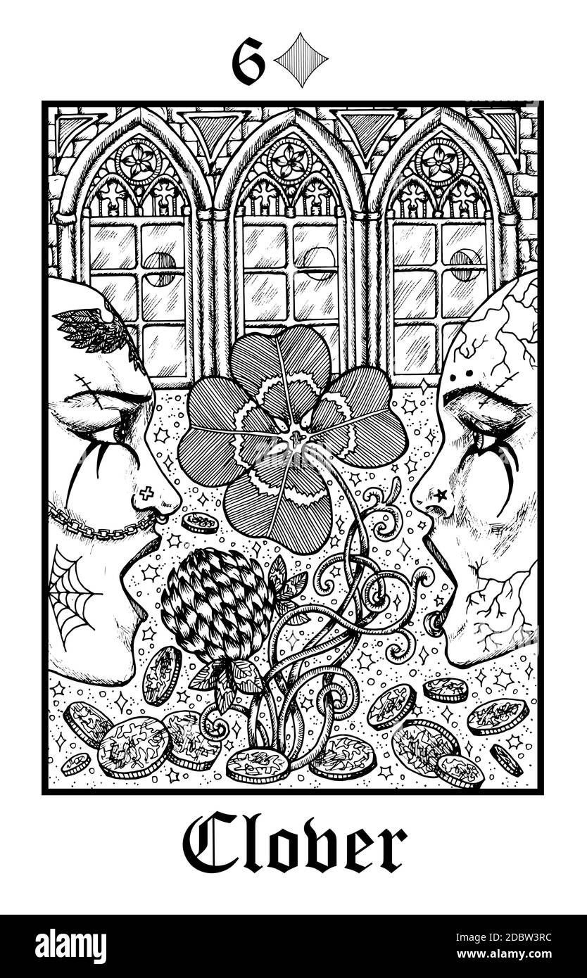 Kleeblatt. Tarot-Karte aus dem Vektor Lenormand Gothic Mysteries oracle Deck. Schwarz-weiß gravierte Illustration. Fantasie und mystische Linienkunst Zeichnung. Habe Stock Vektor