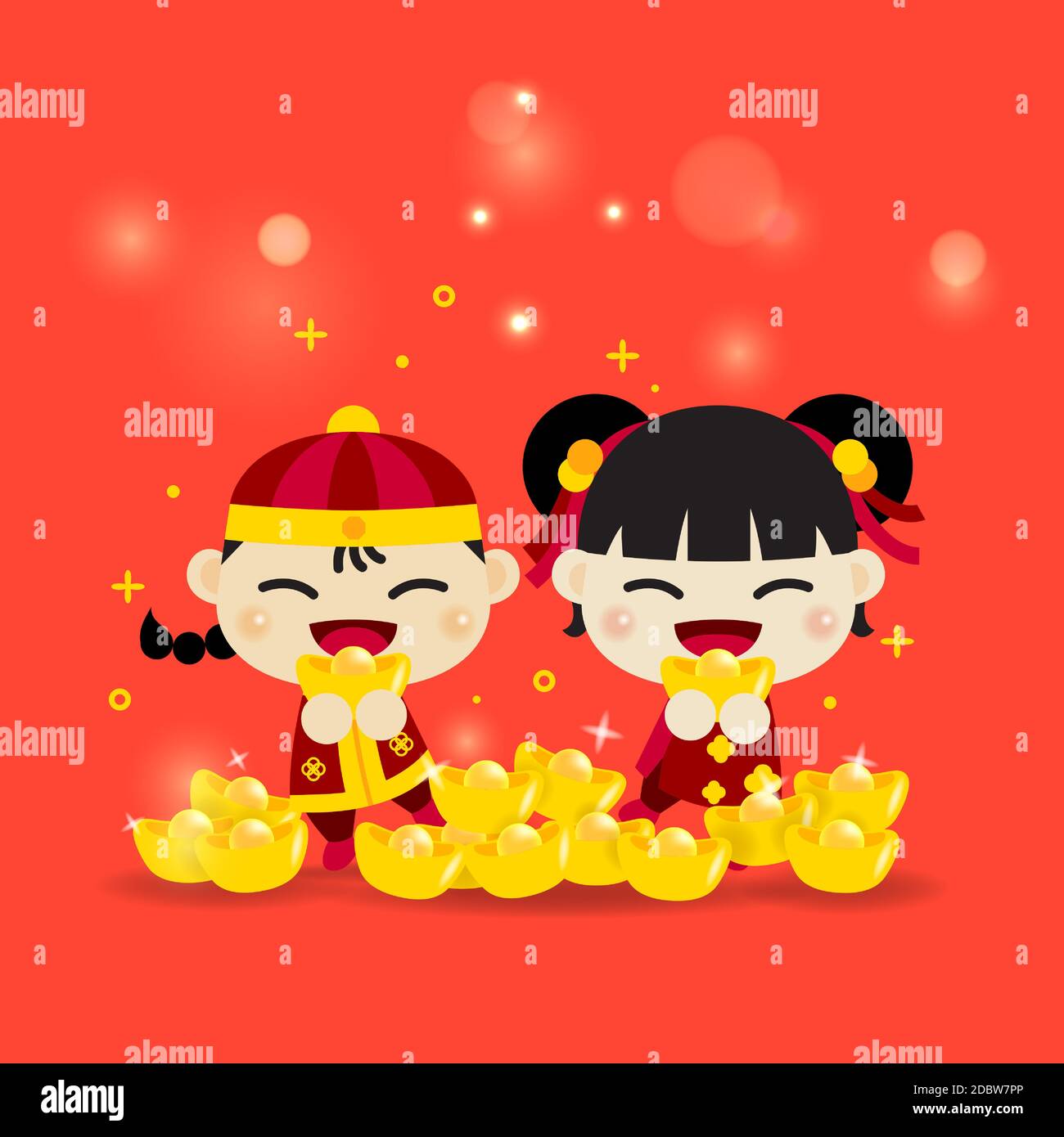 Chinesische asiatische Kinder Junge und Mädchen lächelnd halten das Gold, um das traditionelle China-Festival hinter vielen viel Gold und Bokeh Licht zu feiern. Happy Chine Stock Vektor