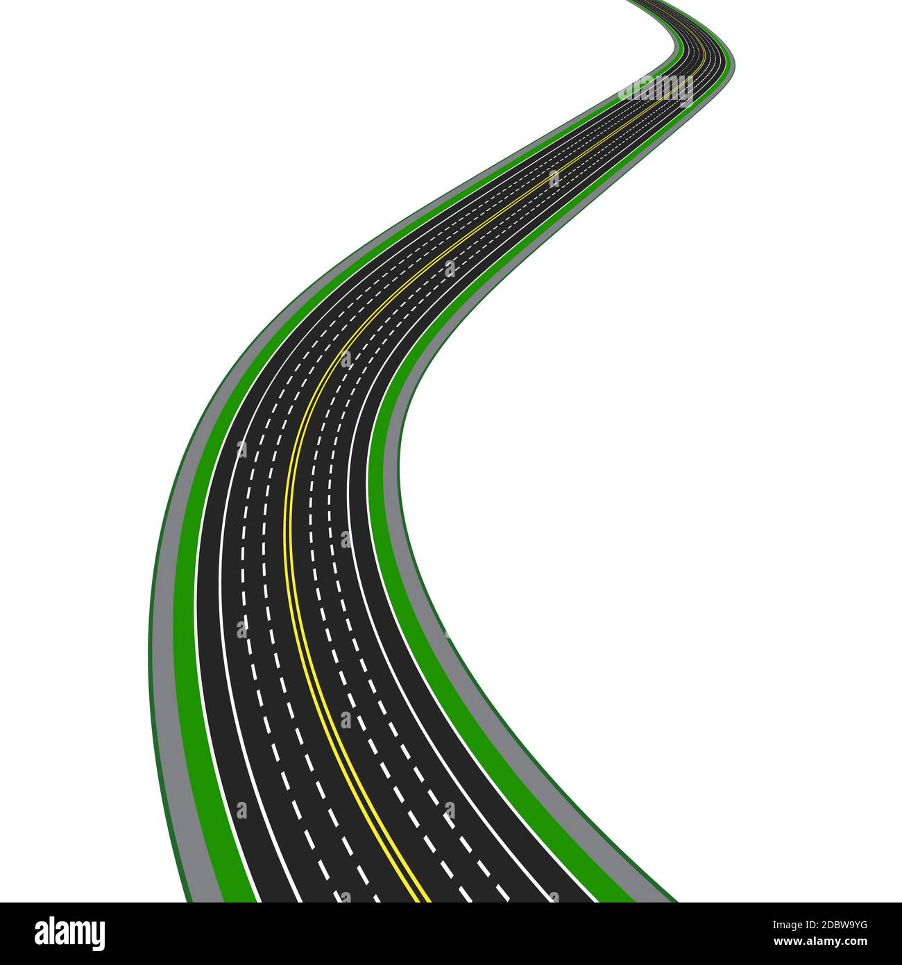 Kurvige Autobahn. Perspektivisch. Gelbe und weiße Markierungen. Vektorgrafik Stockfoto