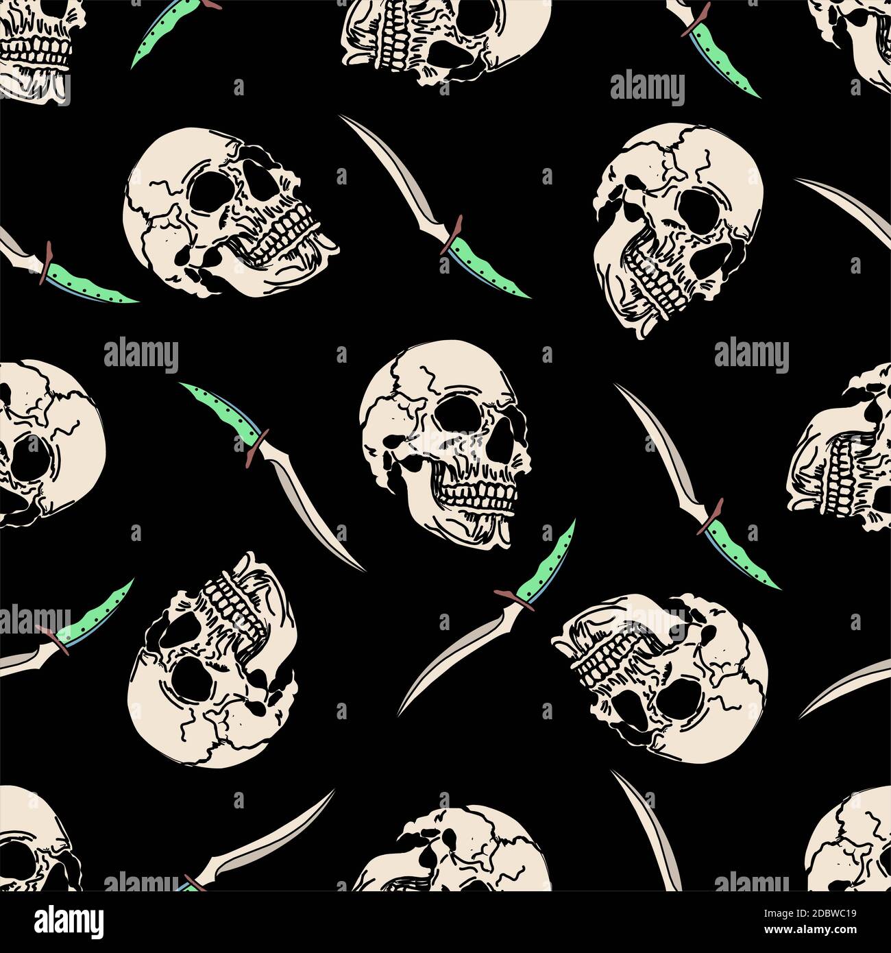 NAHTLOSES MUSTER für Halloween. Unheimlich zeichnen. Schädel und Dolch. Klinge Des Drachenstapels. Stockfoto