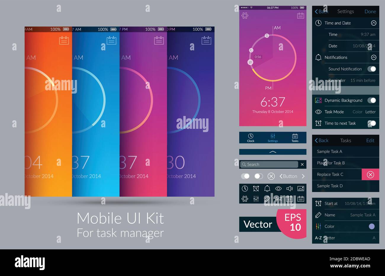 Mobile ui-Kit für Task-Manager auf hellem Hintergrund flach vektorgrafik Stock Vektor