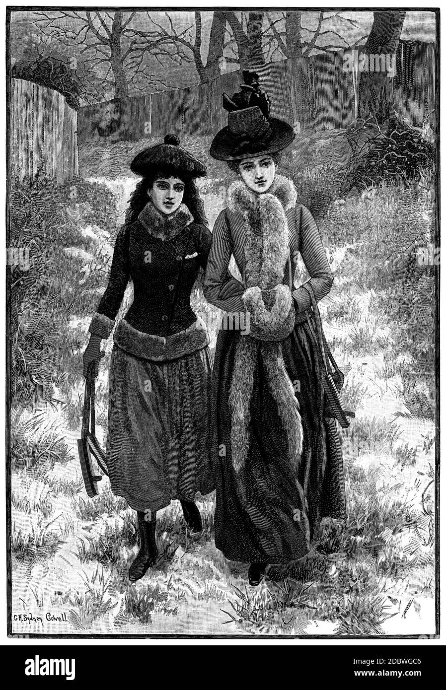 Der Weihnachtsspaziergang: Zwei Damen in spätviktorianischer Tracht gehen eine verschneite Gasse mit Schlittschuhen hinunter. Aus einer 1889 Geschichte. Stockfoto