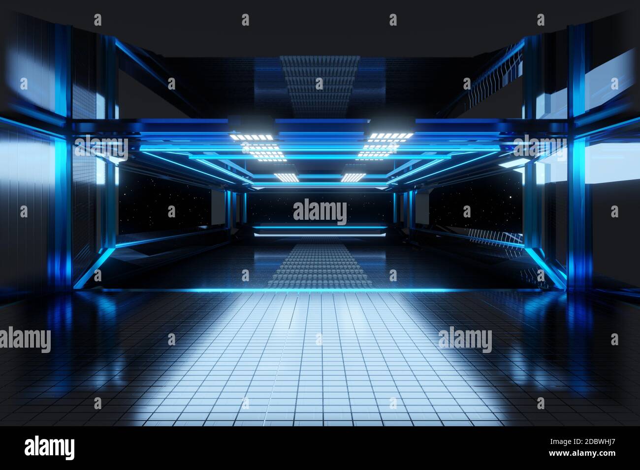 3D Illustration eines Innenraums eines Raumschiffs oder einer Raumstation. Stockfoto