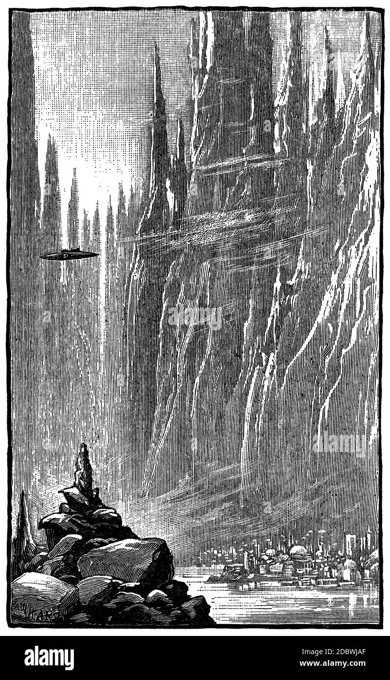 Fliegende Untertasse über der glitzernden Stadt des Nordpols der Venus; Gravur aus 1889 Science-Fiction-Geschichte Stockfoto
