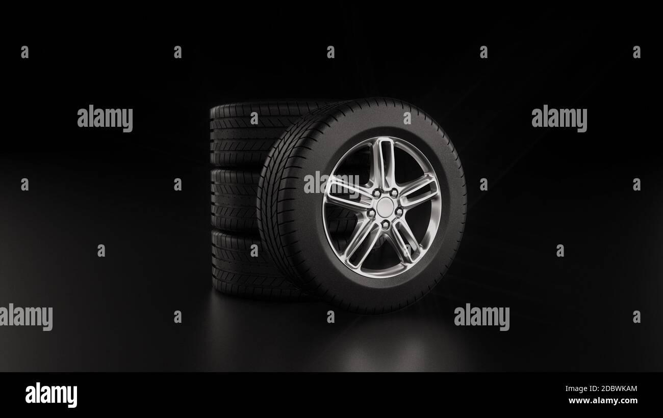 3d Rendering Custom Black Wheels Felgen & Reifen für Autos Stockfoto