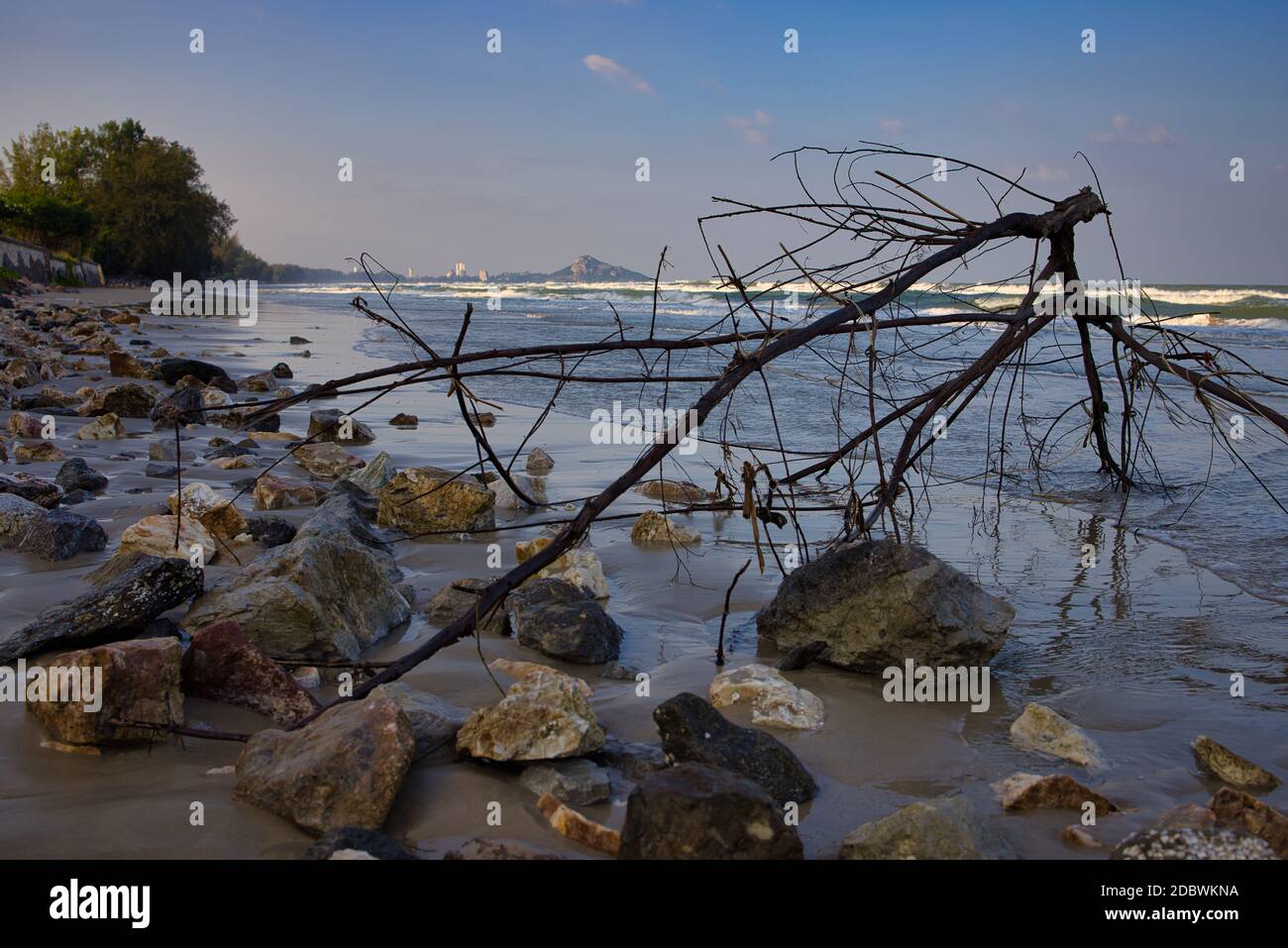 Dies ist der Naturstrand von Khao Tao Hua hin bei Nacht! Im Hintergrund hat das Meer Äste angespült und die Steine sehen eine wunderschöne natürliche Idylle aus! Stockfoto