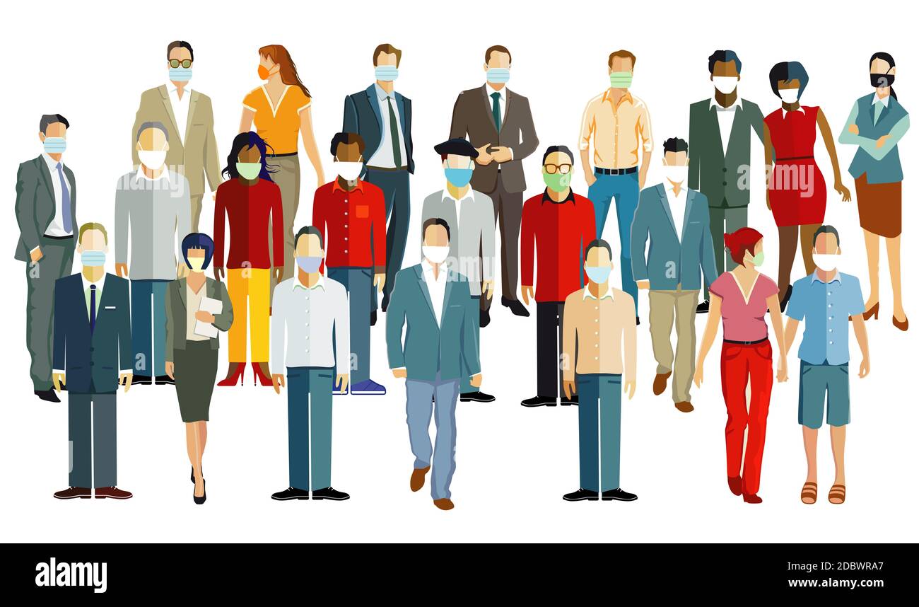 Verschiedene Menschen mit Schutzmasken, um die Virusinfektion in der Luft zu schützen. Corona Virus - Vektordarstellung Stockfoto