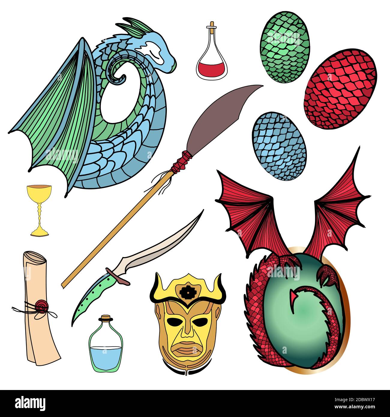 Vektorset von magischen Symbolen. Drache, Dracheneier, Zaubertrank, Harpy Maske. Hellebard und Obsidian Dolch. Abbildung isoliert auf weißem Hintergrund. Magi Stockfoto