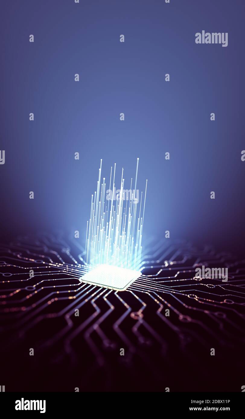 Künstliche Intelligenz. Microchip Verbindungen, elektrische Impulse und binären Codes. Stockfoto