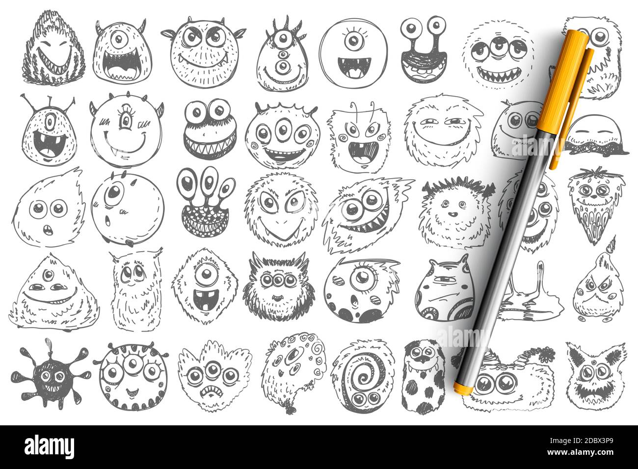 Monster Doodle Set. Sammlung von Hand gezeichnet gruseligen Kreaturen alliens hässlichen Zyklopen Bestien Maskottchen wütend gremlins isoliert auf weißem Hintergrund. Illustration von Comic-Halloween-Symbole. Stock Vektor
