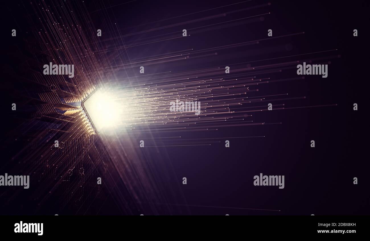 Künstliche Intelligenz, Mikrochip-Verbindungen, elektrische Impulse und binäre Codes. Stockfoto