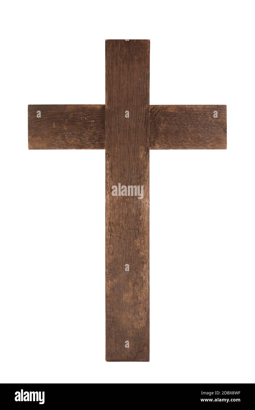 Altes Holzkreuz isoliert auf weißem Hintergrund mit Clipping Pfad Stockfoto