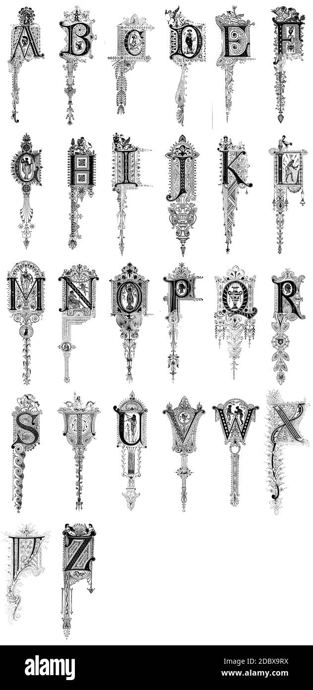 Gotische viktorianische Dekorative Initialen mit hängenden Schwänzen für Drop Caps Von Otto Weisert aus Stuttgart Stockfoto