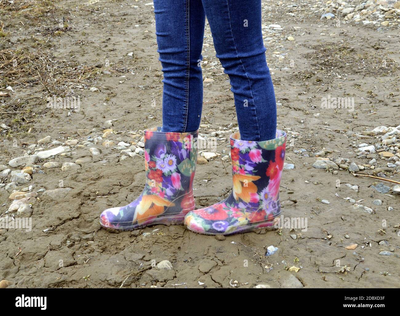 Damenbeine in blauer Jeans und floralen Gummistiefeln Schmutzige Erde Stockfoto