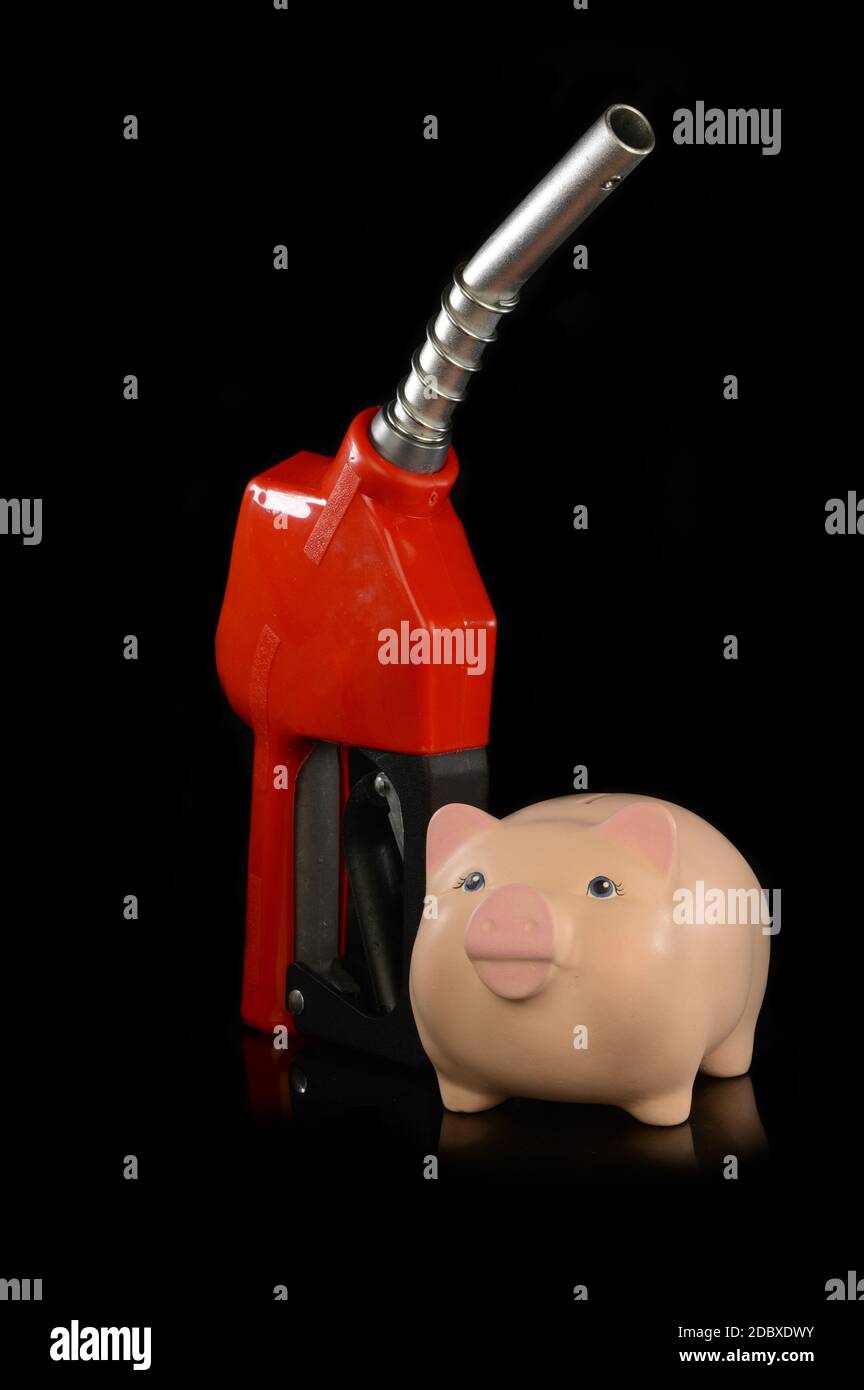 Eine rote Gaspumpendüse mit einer Schweinebank für verschiedene Konzepte. Stockfoto