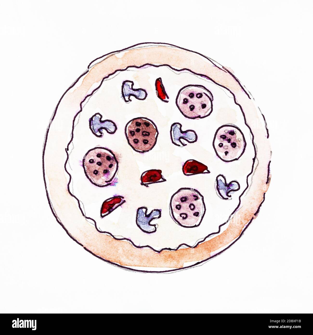 Skizze der Draufsicht der Pizza mit Pilzen, Salami und Tomaten handgezeichnet mit schwarzer Tinte und Aquarellen auf weißem Papier Stockfoto